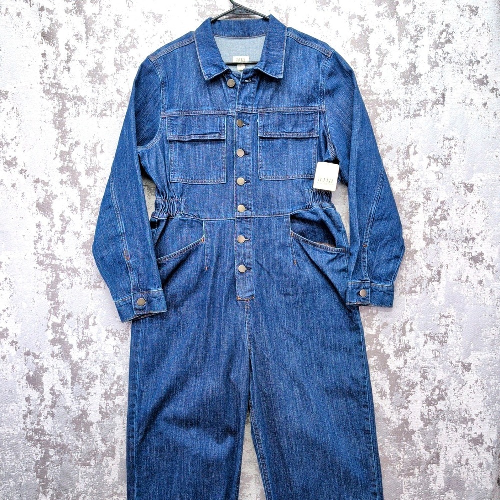 ana A New Approach Women Denim Jumpsuit Med River Rock Blue Utility Large NWT